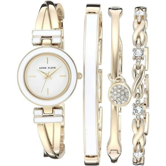 Womens Gold Bangle Watch Set with Crystal Accent Bracelets Quartz Jewelry - Picture 1 of 6